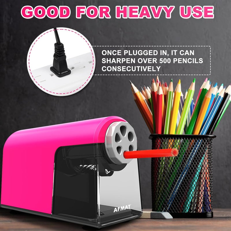 AFMAT PSX2 Electric Pencil Sharpener Heavy Duty, 6 Holes, Auto Stop Pencil Sharpeners for School, Classroom Electric Sharpener for 6-11mm Colored Pencils, Super Fast, 7000 Sharpenings, Pink - Image 5